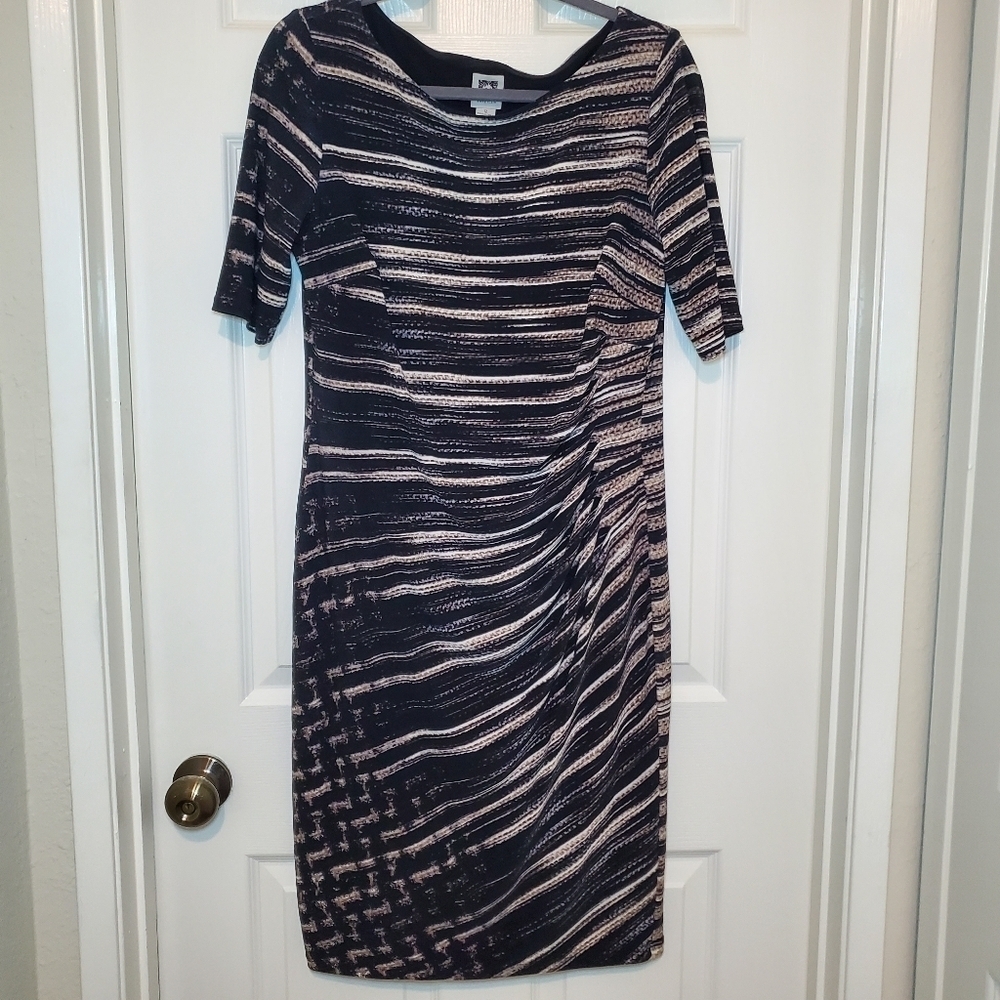 Anne Klein Black Tan White Striped Bodycon Dress Women’s Size 12.